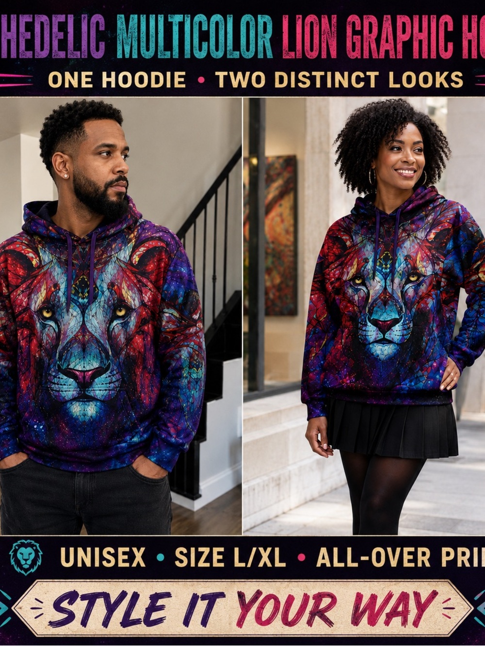 Psychedelic Multicolor Lion Graphic Hoodie X/XL Unisex